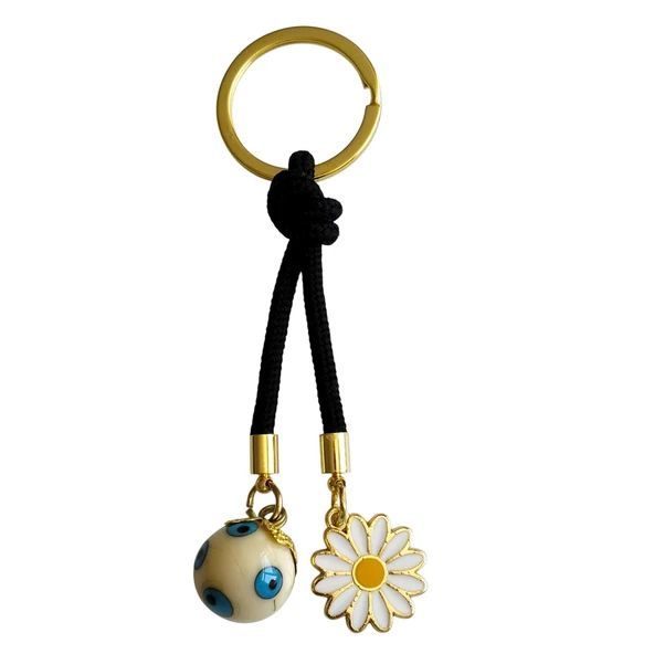 Top Şekilli Boncuk ve Papatya Figürlü Siyah İpli Şık Anahtarlık