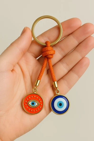 Çift Nazar Boncuklu Anahtarlık – Turuncu İpli Şans ve Koruma Sembolü Göz Motifli Metal Anahtarlık - 2