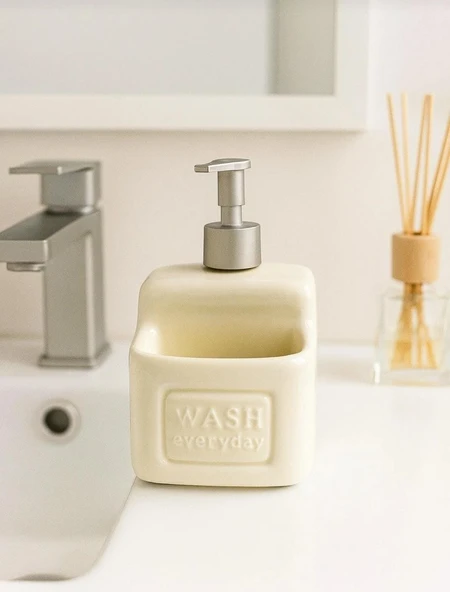 Şık ve Pratik Seramik Süngerlikli Sıvı Sabunluk/Deterjanlık, krem, 500 ml - 4