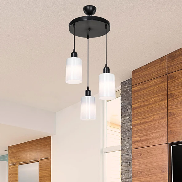 Duruaydınlatma 3'lü Siyah Opal Yemek Odası Yatak Odası Oturma Odası Salon Avize Sarkıt