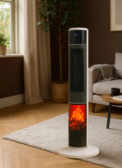 Hoogar German 2071 L White Oval Seri OLED Şömineli Ekran Dijital Kule Tipi Seramik Fanlı Isıtıcı 80 CM - 3