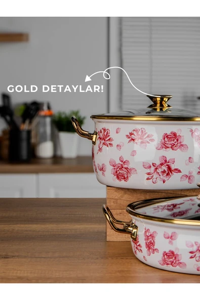 Lilium 7 Parça Pembe Gül Desenli Emaye Tencere & Tava Seti - Resim 3