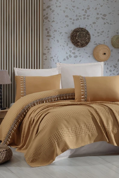 Butik Tek Kişilik Püsküllü Pike Takımı Bohamline V6 Hardal - Resim 2