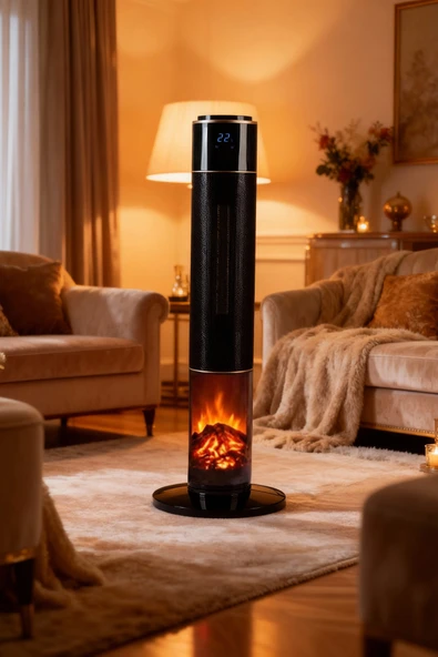 Hoogar German HG-BLKO Black Oval Seri OLED Şömineli Ekran Dijital Kule Tipi Seramik Fanlı Isıtıcı ürün görseli 1