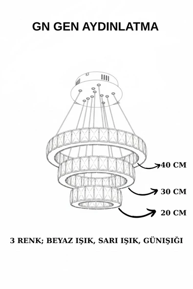 GN GEN AYDINLATMA Plaket Kristal Taş Işlemeli Krom Paslanmaz Ledli 20-30-40 cm 3 Renk - 8