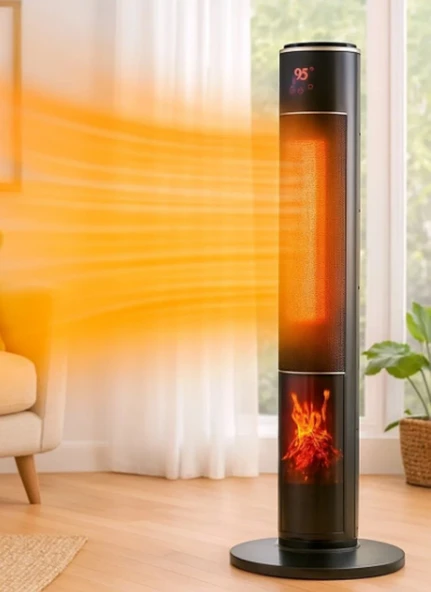 Hoogar German 2071 L Black Oval Seri OLED Şömineli Ekran Dijital Kule Tipi Seramik Fanlı Isıtıcı 80 CM - 3