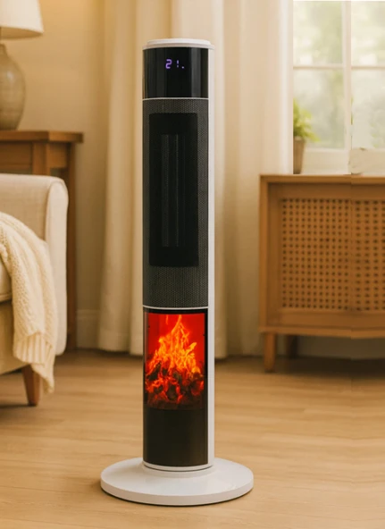 Hoogar German 2071 L White Oval Seri OLED Şömineli Ekran Dijital Kule Tipi Seramik Fanlı Isıtıcı 80 CM