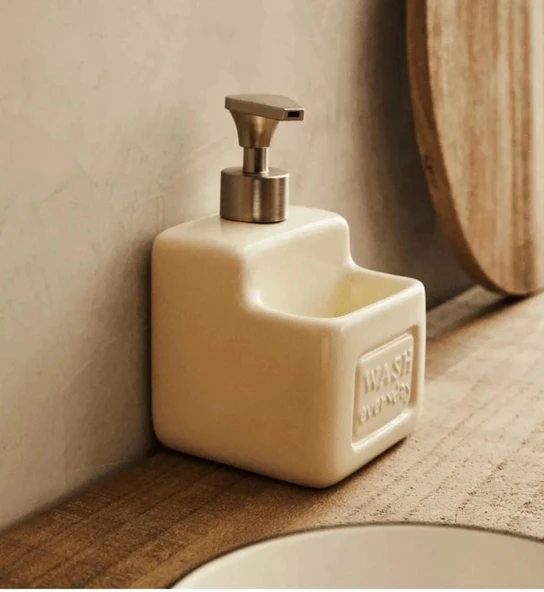 Şık ve Pratik Seramik Süngerlikli Sıvı Sabunluk/Deterjanlık, krem, 500 ml - 2