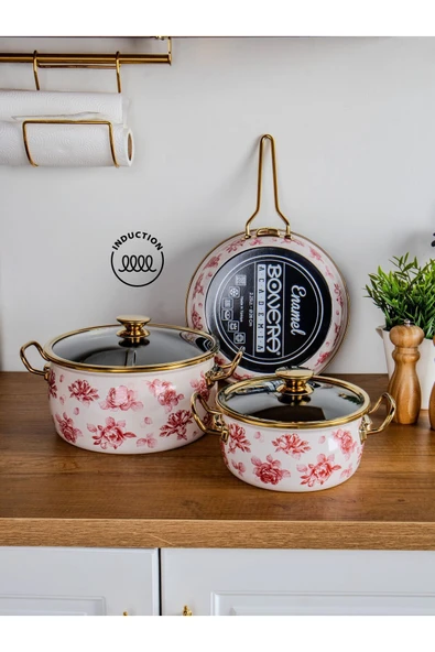 Lilium 7 Parça Pembe Gül Desenli Emaye Tencere & Tava Seti - Resim 2