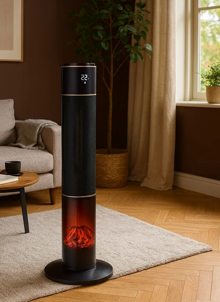 Hoogar German 2071 L Black Oval Seri OLED Şömineli Ekran Dijital Kule Tipi Seramik Fanlı Isıtıcı 80 CM