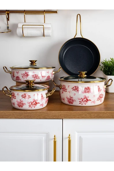 Lilium 7 Parça Pembe Gül Desenli Emaye Tencere & Tava Seti - Resim 4