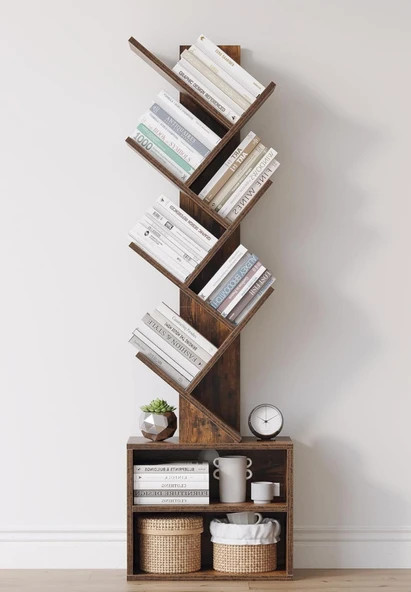 6 Katlı Kitaplık Depolama Dolaplı, Dar ve Uzun Ağaç Kitaplık | Modern Rustik Kahverengi Kitap Düzenleyici ürün görseli 1
