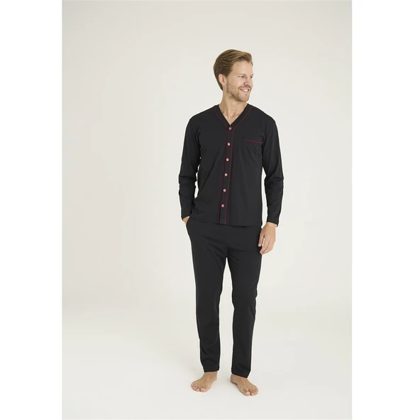 Kly %100 Pamuk Penye Önden Düğmeli Gömlek Erkek Pijama Takım