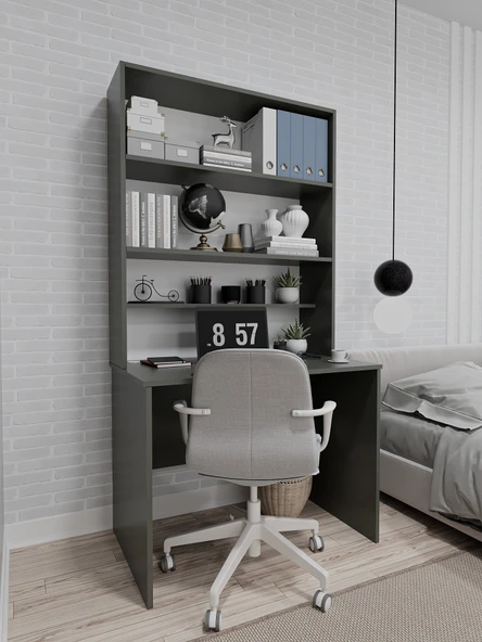 Asra Trend %100 MDFLAM Raflı Çalışma Masası Bilgisayar Ofis Ders Masası ÇM-03  ANTRASİT - Resim 2