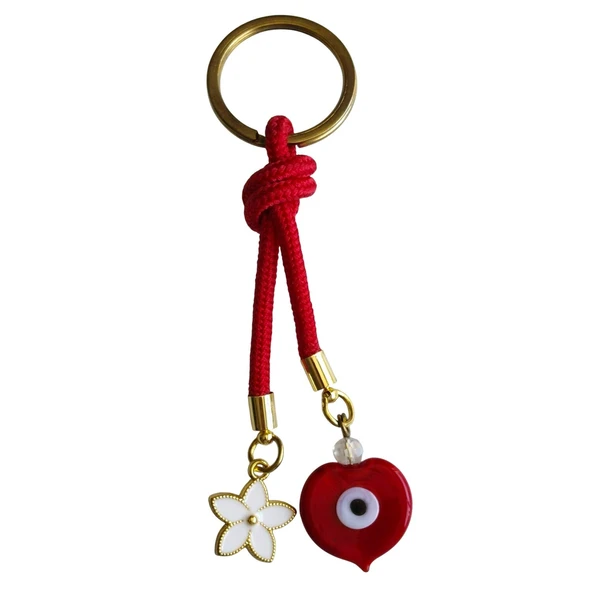 Kalp Nazar Boncuklu ve Lotus Figürlü Kırmızı İpli Şık Anahtarlık