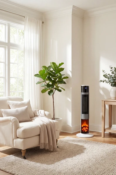 Hoogar German HG-WHIO White Oval Seri OLED Şömineli Ekran Dijital Kule Tipi Seramik Fanlı Isıtıcı ürün görseli 1