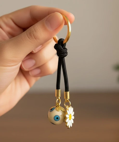 Top Şekilli Boncuk ve Papatya Figürlü Siyah İpli Şık Anahtarlık - 2