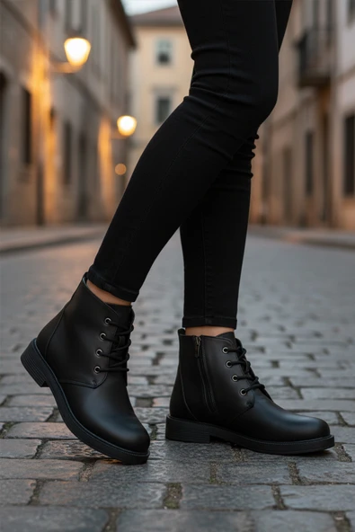 Ayakmod Siyah Bağcıklı Fermuarlı Kaymaz Kadın Bot 284098 Z - 3