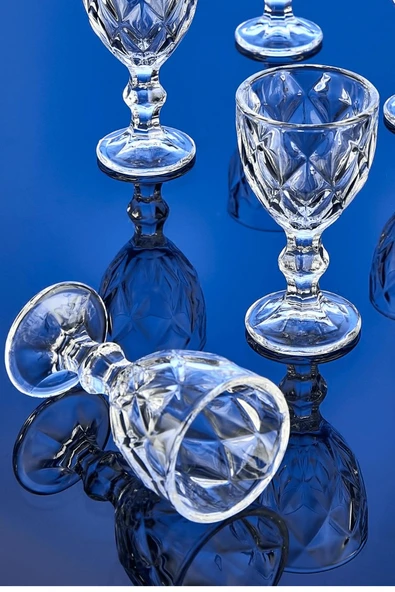 6'lı Cam Kahve Yanı Su Bardağı Seti,Elmas Kesim Ayaklı Bardak Kristal - Resim 3