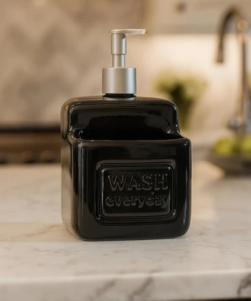 Şık ve Pratik Seramik Süngerlikli Sıvı Sabunluk/Deterjanlık, Siyah, 500 ml - 2