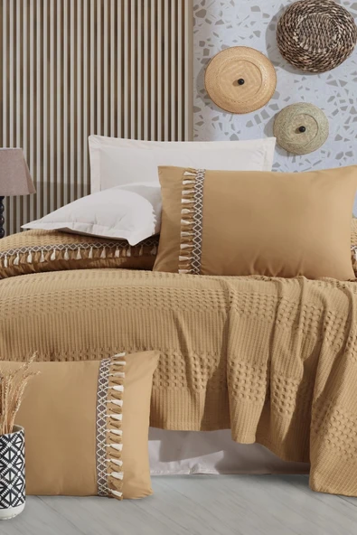 Butik Tek Kişilik Püsküllü Pike Takımı Bohamline V6 Hardal ürün görseli