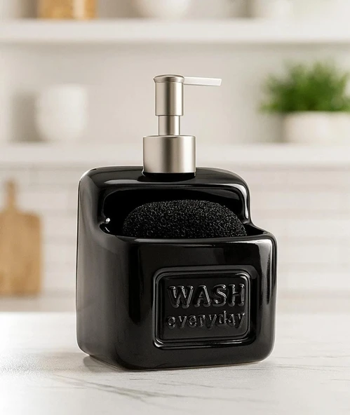Şık ve Pratik Seramik Süngerlikli Sıvı Sabunluk/Deterjanlık, Siyah, 500 ml