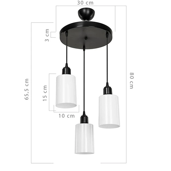 Duruaydınlatma 3'lü Siyah Opal Yemek Odası Yatak Odası Oturma Odası Salon Avize Sarkıt - 3