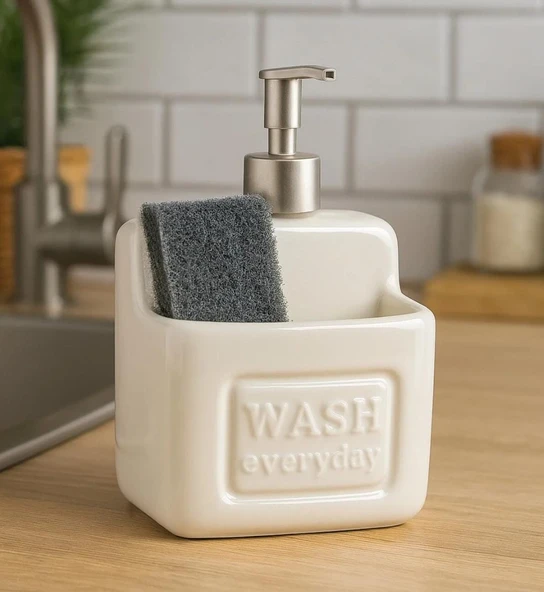 Şık ve Pratik Seramik Süngerlikli Sıvı Sabunluk/Deterjanlık, krem, 500 ml