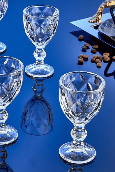 6'lı Cam Kahve Yanı Su Bardağı Seti,Elmas Kesim Ayaklı Bardak Kristal - Resim 2