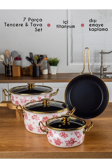 Lilium 7 Parça Pembe Gül Desenli Emaye Tencere & Tava Seti ürün görseli
