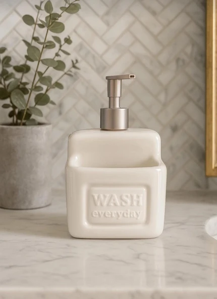 Şık ve Pratik Seramik Süngerlikli Sıvı Sabunluk/Deterjanlık, krem, 500 ml - 5