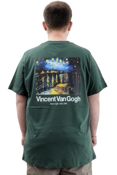 Mode XL Büyük Beden Baskılı Erkek T-Shirt Bisiklet Yaka VAN GOGH U24040 Nefti - Resim 4