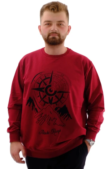 Mode XL Büyük Beden Erkek Sweatshirt Bisiklet Yaka Baskılı RANGE U24172 Bordo ürün görseli 1
