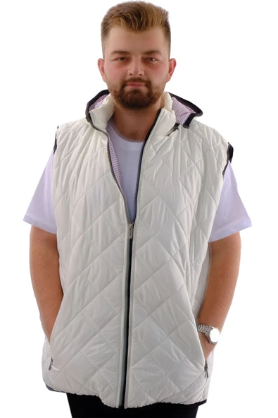 Mode XL Büyük Beden Erkek Çıkan Kapüşonlu Kapitone Yelek U24704 Ekru
