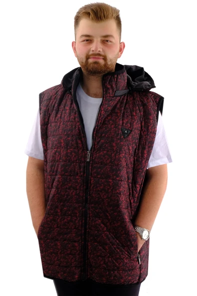 Mode XL Büyük Beden Erkek Yelek Kapitone Kapüşonlu 22600 Siyah-Kırmızı