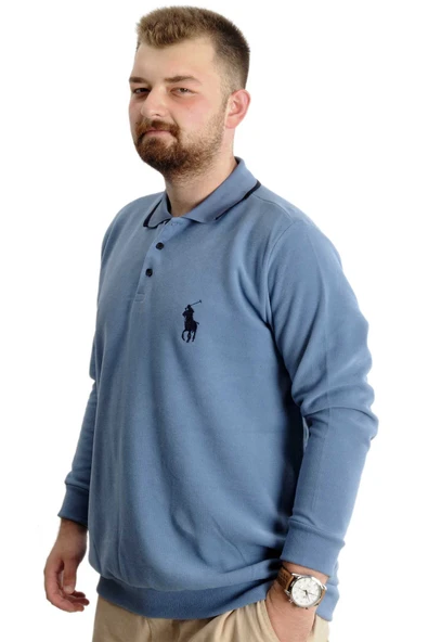 Mode XL Büyük Beden Erkek Sweat Polo Selanik Horse 23442 Mavi - Resim 2