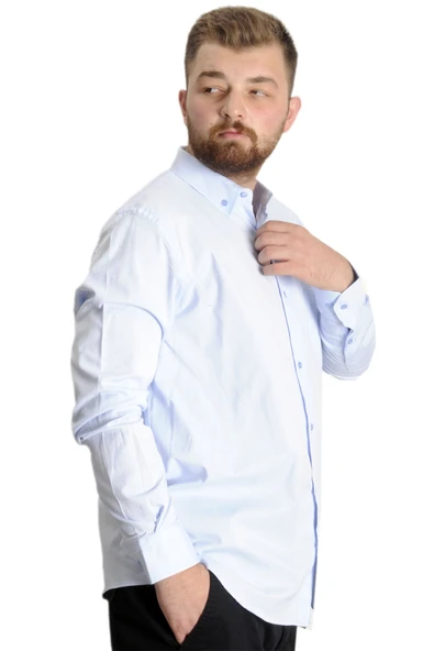 Mode XL Büyük Beden Erkek Gömlek U.Kol Cepli Oxford 20366 Açık Mavi - Resim 3