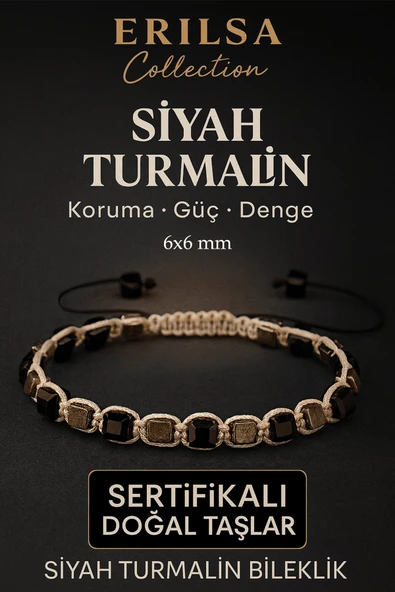 Sertifikalı Doğal Terahertz - Siyah Turmalin Taşı Bileklik 6x6 mm - Koruma ve Denge Taşı ürün görseli