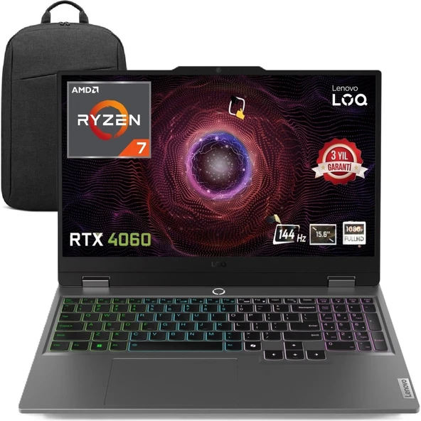 Loq 15ARP9 Amd Ryzen 7-7435HS 64GB 1tb SSD Rtx 4060 8gb (105W) 15,6" Fhd 144Hz IPS Panel Windows 11 Pro Taşınabilir Bilgisayar Snertech Çanta ürün görseli