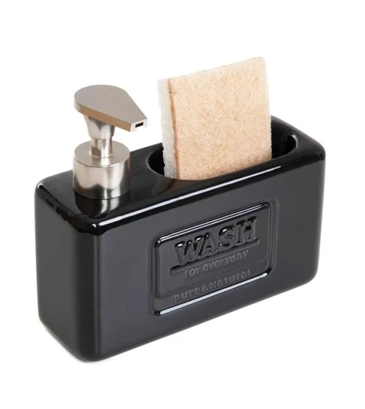 Şık ve Fonksiyonel Seramik Süngerlikli Sıvı Sabunluk/Deterjanlık, Siyah, 500 ml - 3