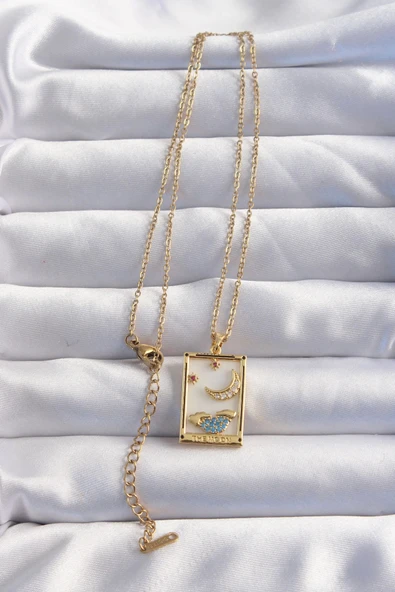 pilelistore 316L Çelik Zincir Gold Renk Ay Detay Mavi Zirkon Taşlı Tarot Kolye - TJ-BKO8980 - Resim 2