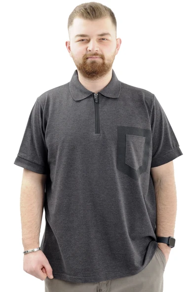 Mode XL Büyük Beden Erkek T-Shirt Fermuarlı Polo Yaka Cepli U24325 Antrasit ürün görseli