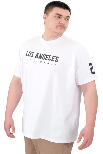 Mode XL Büyük Beden Erkek Baskılı T-Shirt Los Angeles U25031 Beyaz - Resim 3