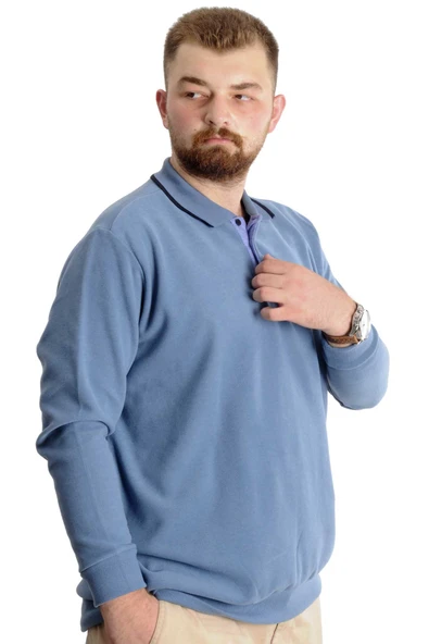 Mode XL Büyük Beden Erkek Sweat Polo Selanik Horse 23442 Mavi - Resim 3