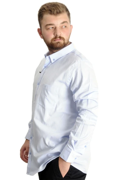 Mode XL Büyük Beden Erkek Gömlek U.Kol Cepli Oxford 20366 Açık Mavi - Resim 2