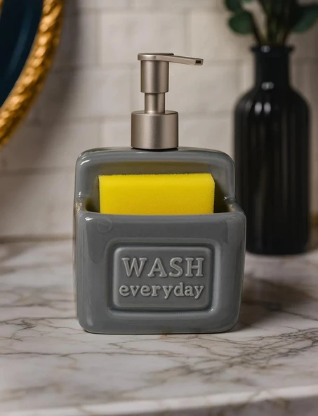 Şık ve Pratik Seramik Süngerlikli Sıvı Sabunluk/Deterjanlık, Gri, 500 ml - 3