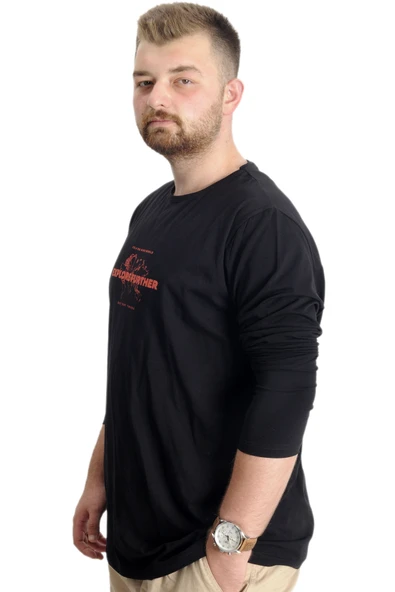 Mode XL Büyük Beden Erkek T-Shirt U.Kol Explore Further 23098 Siyah - Resim 2