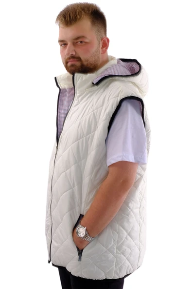 Mode XL Büyük Beden Erkek Çıkan Kapüşonlu Kapitone Yelek U24704 Ekru - 2