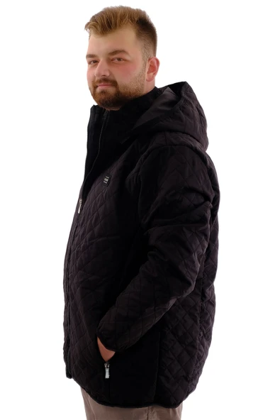 Mode XL Erkek Büyük Beden Kapitone Kalın Mont Cepli Kapüşonlu U24604 Parlak Siyah - 2