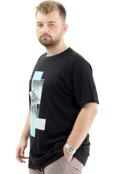 Mode XL Battal Beden Erkek Pamuklu T-Shirt Yumuşak Dokulu Baskılı FRANCISCO U24086 Siyah - Resim 2